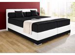 Boxspringbett MAINTAL "Lago", schwarz-weiß (schwarz, weiß), B:187cm L:210cm, Bezug Kopteil und seitliche Unterbox wahlweise Microvelours aus 100% Polyester oder Kunstleder;DIe Obermatratze ist bei beiden Bezugsqualitäten mit Microfaser (100% Polyester) bezogen, Unterseite 100% Baumwolle;Das Kopfteil ist bei Microvelours an den Ecken abgerundet, bei Kunstleder gerade;Bezug der Oberseite aus strapaz