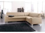 Ecksofa DOMO COLLECTION "Alisson, zeitlose Optik, flache Armlehnen, L-Form", beige (natur), B:249cm H:75cm T:181cm, Microfaser aus 100% Polyester;Softlux, das pflegeleichte Kunstleder aus 80% PVC, 18% Polyester und 2% Polyurethan;Strukturstoff aus 90% Polyester und 10% Polyacryl, Sofas, Ecksofa, fester Sitzkomfort, wahlweise mit Bettfunktion
