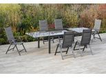 Garten-Essgruppe MERXX "Taviano", grau (anthrazit, anthrazit, grafit), Polyester, Aluminium, Polyester, Sicherheitsglas, Sitzmöbel-Sets, Garten-Essgruppe, 6 Klappsessel, 5-fach verstellbar, Ausziehtisch