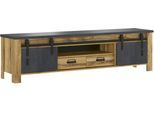 TV-Schrank HOME AFFAIRE "York, moderner Unterschrank, Kommode im Industrialdesign", grau (braun), B:201cm H:55cm T:44cm, Schränke, TV-Schrank, mit Apothekergriffen & Scheunentorbeschlägen aus Metall, 201 cm breit
