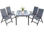 Garten-Essgruppe MERXX "Taviano", grau (anthrazit, anthrazit, grafit), Polyester, Aluminium, Polyester, Sicherheitsglas, Sitzmöbel-Sets, Garten-Essgruppe, 4 Klappsessel, 5-fach verstellbar