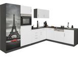 Küchenzeile KOCHSTATION "KS-Paris – Küchen mit einzigartigen Fotomotiven auf den Fronten", weiß (küche: weiß, front: weiß, korpus: grafit, arbeitsplatte: anthrazit), B:290cm H:200cm T:60cm, Komplettküchen-Sets, Küchenzeile, Stellbreite 290/220 cm, wahlweise mit E-Geräten und Induktion