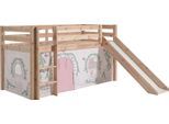 Hochbett VIPACK "Pino, Spielbett massiv Kiefer, stabil gebaut, 3 Korpusfarben zur Wahl", beige (natur geölt, birdy), B:218cm H:114cm L:210cm, Hochbetten, Hochbett, Textil-Set "Astronaut", inkl. Vorhang, mit oder ohne Tunnel