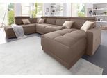 Wohnlandschaft DOMO COLLECTION "Ava moderne Sitzheftung mit toller Doppelnaht, komfortabel, U-Form", beige, B:351cm H:84cm T:222cm, Zierkissen: Microfaser PRIMABELLE (100% Polyester);Struktur (100% Polyester);Microfaser PRIMABELLE (100% Polyester);Kunstleder SOFTLUX;Struktur fein (100% Polyester), Sofas, Wohnlandschaft, mit Federkern, wahlweise mit Kopfteilverstellungen