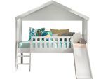 Hausbett VIPACK "Kiefer massiv weiß lackiert, Made in Europe, stabil gebaut", weiß, B:96,5cm H:201,8cm L:213cm, Bettgestell Massivholz;Dachaufbau MDF, Betten, Hausbett, mit Leiter, seitliche Fenster, Rolllattenrost und Absturzschutz