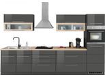 Küchenzeile KOCHSTATION "KS-Wien", grau (küche: grau, front: grau hochglanz, korpus: grafit, arbeitsplatte: eichefarben), B:340cm T:60cm, Komplettküchen-Sets, Küchenzeile, Breite 340 cm, wahlweise mit E-Geräten und Induktion