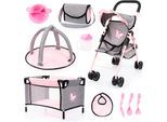 Puppenbuggy BAYER "Set mit Reisebett", rosa (grau, rosa schmetterling), Puppenwagen, KinderB:43cm H:52cm T:26,5cm, Puppenbuggy, B:43cm H:52cm T:26,5cm