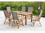 Garten-Essgruppe MERXX "Acapulco", grau (grau, braun), B:60,5cm H:111cm T:60cm, FSC-zertifiziertes Massivholz, Polyester, Sitzmöbel-Sets, Garten-Essgruppe, 6 Klappsessel mit Tisch