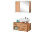 Badmöbel-Set WELLTIME "Davos", braun (eichefarben), Siphonausschnitt rechts, Holzwerkstoff, Kastenmöbel-Sets, Badmöbel-Set, mit LED-Beleuchtung, Hängeschrank und Waschbeckenunterschrank