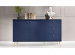 Kommode HOME AFFAIRE "ROMILDA Sideboard mit 3 Schubladen und 2 Türen, B/T/H: 156/40,5/89 cm", dunkelblau, B:156,2cm H:89,2cm T:40,5cm, Melamin, Sideboards, Kommode, Kommode mit goldenen Griffen auf goldenen Füßen, viel Stauraum