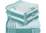 Handtuch Set DYCKHOFF "Seashell", blau (türkis), 6 Stk., Walkfrottee, Walkfrottee, Obermaterial: 100% Baumwolle, Handtuch-Sets, Handtuch Set, mit Muschelmuster; 4 Handtücher (50x100cm), 2 Duschtücher (70x140cm)