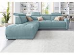 Ecksofa DOMO COLLECTION "Ava, moderne Sitzheftung mit toller Doppelnaht, komfortabel, L-Form", blau (aqua), B:266cm H:84cm T:99cm, Kunstleder SOFTLUX;Struktur fein (100% Polyester);Zierkissen: Microfaser PRIMABELLE (100% Polyester);Struktur (100% Polyester);Microfaser PRIMABELLE (100% Polyester), Sofas, Ecksofa, mit Ottomane, inkl. Federkern, wahlweise mit Kopfteilverstellungen
