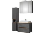 Badmöbel-Set SAPHIR "Quickset 3-teilig, Keramik-Aufsatzbecken mit LED-Spiegelschrank", grau (quarzgrau matt, akzent riviera eiche quer nb), Kastenmöbel-Sets, Badmöbel-Set, Midischrank, inkl. Türdämpfer, 2 Schubladen, 5 Türen, 8 Einlegeböden