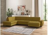 Wohnlandschaft DOMO COLLECTION "Capelo, komfortabel, klare Linien zeichnen dieses Design aus, U-Form", gelb (senf), B:348cm H:84cm T:204cm, 49% Polyester, 34% Viskose, 9% Leinen, 8% Polyacryl, Sofas, Wohnlandschaft, mit Armteilverstellung, wahlweise mit Bettfunktion, Federkern