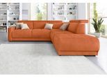 Ecksofa DOMO COLLECTION "Ava, moderne Sitzheftung mit toller Doppelnaht, komfortabel, L-Form", orange (terrakotta), B:266cm H:84cm T:99cm, Kunstleder SOFTLUX;Struktur fein (100% Polyester);Zierkissen: Microfaser PRIMABELLE (100% Polyester);Struktur (100% Polyester);Microfaser PRIMABELLE (100% Polyester), Sofas, Ecksofa, mit Ottomane, inkl. Federkern, wahlweise mit Kopfteilverstellungen