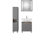Badmöbel-Set SAPHIR "Quickset 3-teilig, Waschbeckenunterschrank mit LED-Spiegel", grau (quarzgrau matt touch, quarzgrau matt, akzent riviera eiche quer nb), Kastenmöbel-Sets, Badmöbel-Set, mit Midischrank, inkl. Türdämpfer, 4 Türen, 1 Nische, Bad-Set