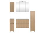 Badmöbel-Set WELLTIME "EIXO, 5tlg.-Set: Spiegelschrank, Waschtisch und Beimöbel", braun (eiche hell), B:140cm H:200cm T:47cm, Holzwerkstoff, Kastenmöbel-Sets, Badmöbel-Set, Set 140 cm breit, Badmöbel mit LED-Beleuchtung
