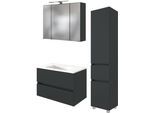 Badmöbel-Set WELLTIME "Welltime Möbel Baabe Waschtisch-Set 3tlg. oder 5tlg.", grau (matt grau), Set 6 3tlg.: Waschtisch 80cm breit, Spiegelschrank 80cm breit, Seitenschrank, Holzwerkstoff, Kastenmöbel-Sets, Badmöbel-Set, gedämpfte Scharniere und Softclose-Funktion, inklusive LED-Beleuchtung