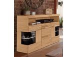 Sideboard OTTO HOME "Ribe,130cm breit,Fronten Massivholz,2Türen mit gehärtetem Glaseinsatz", braun (eiche teilmassiv), B:125cm H:80cm T:35cm, Holz teilmassiv, Sideboards, Sideboard, Korpus aus Holzwerkstoff, Metall Griffe,7 Fächer, Böden versetzbar