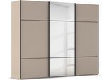 Schwebetürenschrank RAUCH "Kleiderschrank Schrank Garderobe Schlafzimmerschrank SCALE-TRIO", grau (fango, griffleisten schwarz), B:271cm H:223cm T:68cm, Holzwerkstoff, Schränke, Schwebetürenschrank, edle dreigeteilte Front mit 2 Zierleisten und Spiegel MADE IN GERMANY