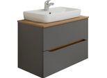 Waschtisch SAPHIR "Quickset Keramik-Aufsatzbecken mit Unterschrank, 73 cm breit", grau (quarzgrau matt, akzent riviera eiche quer nb, quarzgrau matt touch), B:73cm T:45cm, Holzwerkstoff, Keramik, Waschtische, Waschtisch, Waschplatz, Unterschrank mit Waschbecken, 2 Schubladen, grifflos