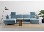 Wohnlandschaft HOME AFFAIRE "Trelleborg U-Form", blau (blau, grau), B:307cm H:86cm T:213cm, 100% Polyester, Sofas, Wohnlandschaft, wahlweise mit Bettfunktion und Bettkasten, inkl. Federkern-Polsterung