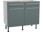 Unterschrank KOCHSTATION "KS-Bern2", grün (steingrün, hellgrau), B:100cm H:87cm T:58,4cm, Holzwerkstoff, Schränke, Unterschrank, Breite 100 cm, 2 Türen, 2 Schubkästen, 1 Einlegeboden