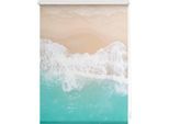 Seitenzugrollo LICHTBLICK ORIGINAL "Rollo Klemmfix, ohne Bohren, Verdunkelung, The Beach - Türkis Beige", blau (türkis, beige, weiß), B:90cm H:150cm, Polyester, Rollos, Seitenzugrollo