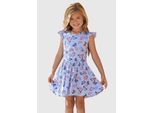 Jerseykleid KIDSWORLD "für kleine Mädchen", Mädchen, Gr. 116/122, N-Gr, blau (blau, gemustert), Jersey, Obermaterial: 95% Baumwolle, 5% Elasthan, bedruckt, geringelt, ausgestellt kniefrei, Rundhals, Flügelärmel abgesteppte Kante, Kleider Jerseykleid, sommerliche Anlässe und Partys, kniefreie Länge, modische Note
