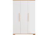 Kleiderschrank PAIDI "YOLANDA in Weiß mit Eiche-Dekor, 3 Türen mit Soft-Close", weiß (kreideweiß, eiche, montana), B:123,5cm H:194,5cm T:55,6cm, Schränke, Kleiderschrank, inkl. Kleiderstangen und Einlegeböden, Massivholz-Griffe