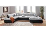 Wohnlandschaft DOMO COLLECTION "PB MORIC wahlweise mit Bettfunktion und Armteilverstellung U-Form", silber (schwarz, silber), B:353cm H:80cm T:95cm, Zierkissen: Struktur (90% Polyester, 10% Polyacryl);Microfaser PRIMABELLE (100% Polyester) / Struktur (90% Polyester, 10% Polyacryl);Kunstleder SOFTLUX / Struktur (90% Polyester, 10% Polyacryl), Sofas, Wohnlandschaft, XXL-Format B/T/H: 353/216/80 cm,