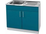 Spülenschrank WIHO KÜCHEN "Kiel", blau (front: ozeanblau, korpus: steel grau), B:100cm H:85cm T:50cm, Schränke, Spülenschrank, 100 cm breit mit Auflagespüle