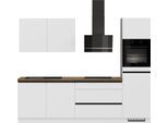 Küchenzeile IMPULS KÜCHEN "Dublin", Anti Fingerprint Oberfläche, Schubkästen mit Soft-Close", weiß (küche: weiß, front: weiß, korpus: weiß, arbeitsplatte: oregon eiche, nachbildung), B:280cm H:222cm T:60cm, Komplettküchen-Sets, Küchenzeile, vormontiert, wahlweise mit E-Geräten, mit Vollauszug, Breite 280 cm