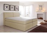 Boxspringbett HAPO, beige (beige, strukturstoff), Liegefläche B/L: 200cm x 200cm, kein Härtegrad, 7-Zonen-Tonnentaschen-Federkernmatratze, Kopfteil, seitliche Unterbox und Obermatratze sind mit pflegeleichtem Feinstrukturstoff in Leinenoptik (100% Polyester) oder Kunstleder bezogen;Die Oberseite der Unterfederung und die Ober- und Unterseite der Obermatratze sind jeweils mit einem rutschhemmenden