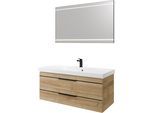 Badmöbel-Set SAPHIR "Balto 2-teilig Mineralmarmor-Waschtisch mit LED-Spiegel, 123 cm breit", braun (riviera eiche quer nachbildung mit schwarzer einlage), B:123cm H:200cm T:50,8cm, Holzwerkstoff, Kastenmöbel-Sets, Badmöbel-Set, Waschplatz mit 2 Schubladen, Badschrank inkl. Schubladendämpfer