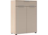 Aktenschrank INNOSTYLE "Büroschrank Santorin, 80/110/38 cm ( B/H/T)", cashmere, riva eiche, B:80cm H:110cm T:38cm, ABS-Kunststoff, Glas, Holzwerkstoff, Metall, Schränke, Aktenschrank, 2 türig, 1 Schubkasten, Softclose, Klarglas, ABS Schutzkante