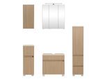 Badmöbel-Set WELLTIME "EIXO, 5tlg.-Set: Spiegelschrank, Unterbeckenschrank und Beimöbel", braun (eiche hell), B:120cm H:200cm T:35cm, Holzwerkstoff, Kastenmöbel-Sets, Badmöbel-Set, Set 120 cm breit, Badmöbel mit LED-Beleuchtung