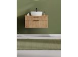 Waschtisch WELLTIME, braun (wotaneiche), B:80cm H:41cm T:47cm Ø:42cm, Holzwerkstoff, Keramik, Waschtische, Waschtisch, wahlweise mit Auflage- oder Aufsatzbecken in zwei verschiedenen Farben
