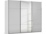 Schwebetürenschrank RAUCH "Kleiderschrank Schrank Garderobe Schlafzimmerschrank SCALE-TRIO", grau (seidengrau, glas seidengrau, griffleisten chrom), B:271cm H:223cm T:68cm, Holzwerkstoff, Schränke, Schwebetürenschrank, edle dreigeteilte Front mit 2 Zierleisten Spiegel/Glas MADE IN GERMANY