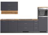 Küchenzeile KOCHSTATION "KS-Milan, optional mit Muldenlüfter", grau (küche: grau, front: anthrazit, korpus: grafitgrau, arbeitsplatte: wotaneichefarben), B:300cm H:166cm T:60cm, Komplettküchen-Sets, Küchenzeile, Breite 300 cm, wahlweise mit E-Geräten, Kochfeld mit Dunstabzug
