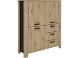 Vitrine BYLIVING "Highboard Faro", artisan eiche, schwarz, B:120cm H:137cm T:40cm, FSC-zertifizierter Holzwerkstoff, Kunststoff, Metall, Schränke, Vitrine, 3 Türen und 3 Schubkästen für maximale Ordnung, verschiedene Farben.