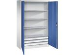C+P Werkstatt-Flügeltürschrank mit Schubladen, BxT 930 x 600 mm, 4 Fachböden, lichtgrau / enzianblau