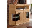 Kommode OTTO HOME "Ribe 85cm breit,35 cm tief, Fronten Massivholz,2 Türen mit Glaseinsatz", braun (eiche teilmassiv), B:85cm H:80cm T:35cm, Holz teilmassiv, Sideboards, Kommode, Holz massiv, Holzwerkstoff,3 breite Fächer