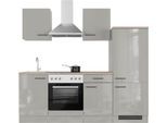 Küchenzeile FLEX-WELL "Lund", grau (küche: grau, front: lichtgrau glänzend, korpus: rauchgrau, arbeitsplatte: cosmopolitan eiche), B:220cm H:200cm T:60cm, Komplettküchen-Sets, Küchenzeile, wahlweise mit E-Geräten, Breite 220 cm, glänzende Fronten