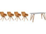 Essgruppe SALESFEVER "Eleganter Tisch inkl. Stühle", weiß (weiß, natur, goldfarben, natur), Samtvelours, Essgruppe 5 tlg. 180x90cm, MDF, Massivholz, Polyester, Sitzmöbel-Sets, Essgruppe, 5-teilige Samtverlours-Sitzgruppe, drehbare Stühle, 180cm Tischbreite