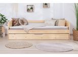 Funktionsbett TICAA "Melinda, Daybett, Jugendbett, 2 Schlafplätze, Schublade auf Rollen", beige (kiefer massiv natur), B:96cm L:204cm, Daybetten, Funktionsbett, FSC-zertifizierte Kiefer, 2 Rollroste, Massivholz