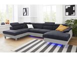 Wohnlandschaft COTTA "Komaris U-Form, B: 320 cm", grau (argent, schwarz), B:320cm, Microfaser PRIMABELLE (100% Polyester);Kunstleder SOFTLUX;Feinstruktur (100% Polyester);Kunstleder SOFTLUX/Struktur (100% Polyester);NaturLEDER, Sofas, Wohnlandschaft, mit Kopfteilverstellung, optional Bettfunktion, Bettkasten & Licht