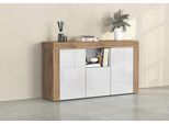 Sideboard OTTO HOME "CHRONOS Breite 155 cm mit 3 Türen, 1 offenes und 6 geschlossene Fächer", weiß (weiß hochglanz, eiche wotan), B:155cm H:85cm T:40cm, Sideboards, Sideboard, Sideboard,Kommode, Schrank, Grifflos mit Push to Open, Made in Italy