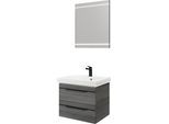 Badmöbel-Set SAPHIR "Balto 2-teilig Mineralmarmor-Waschtisch mit LED-Spiegel, Waschplatz", grau (graphit struktur quer nachbildung mit schwarzer einlage), B:64,4cm H:200cm T:46cm, Holzwerkstoff, Kastenmöbel-Sets, Badmöbel-Set, 64,4 cm breit, mit 2 Schubladen, Badschrank inkl. Schubladendämpfer