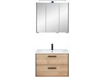Badmöbel-Set SAPHIR "Quickset 395 2-teilig, Keramik-Waschtisch mit LED-Spiegelschrank", braun, Riviera Eiche quer Nachbildungmit schwarzem L-Profil vorne, Kastenmöbel-Sets, Badmöbel-Set, Waschplatz 75 cm breit, 3 Türen, 2 Schubladen, Bad-Set